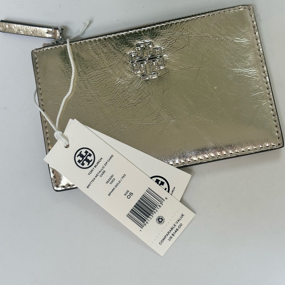 NWT Tory Burch Britten Metallic Zip Card Case Wallet